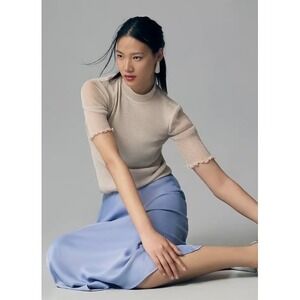 Anthropologie Lurex Mesh Top Mock Neck Lettuce Edge Knit Top XS